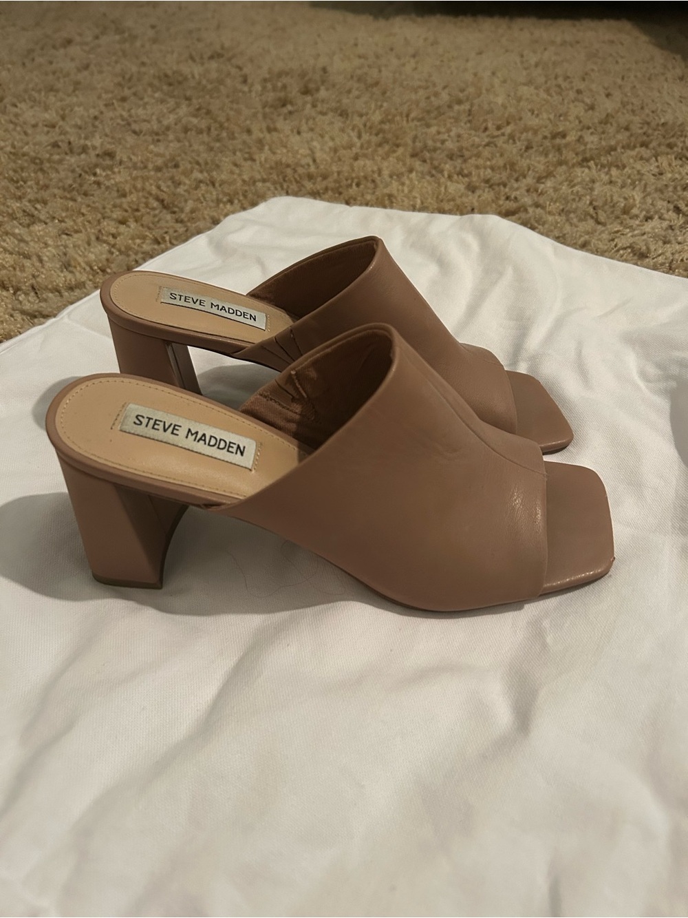 Steve Madden Taupe Open-Toe Block Heel Mules